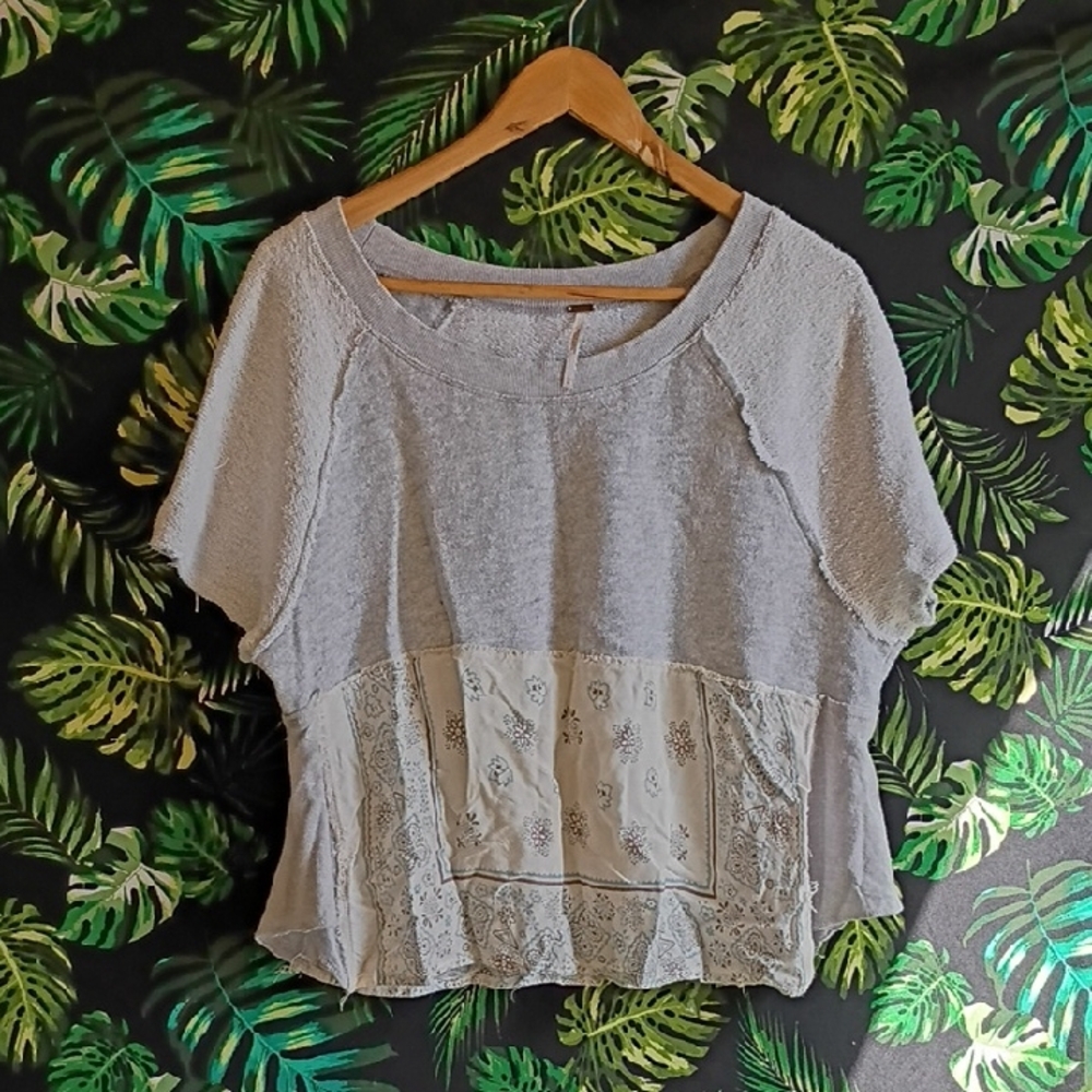 Free People Women's Gray and Cream Lace Patchwork Top Size L